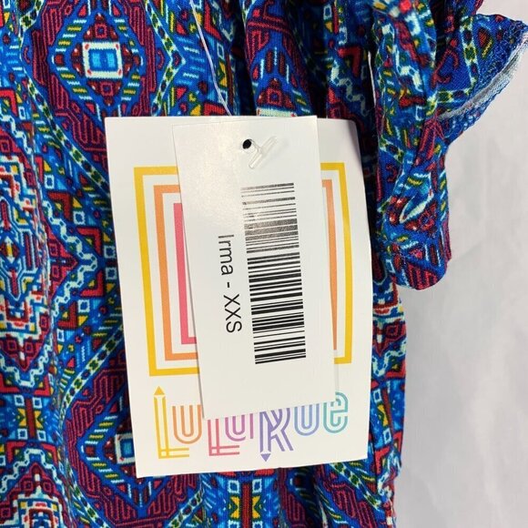 Lularoe Irma Half Sleeve Tunic High Low Polyester Blend Sz XXS Blue Red Diamond - Picture 5 of 7